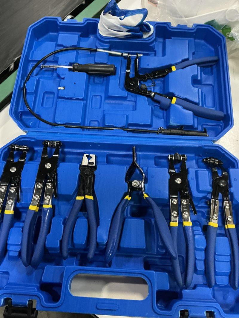 Condition photo showing As Is for orion motor tech 9pcs hose clamp pliers for fuel oil & water hoses, automotive long reach hose clamp remover kit with flexible wire clic r type swivel jaw flat band pliers case, blue