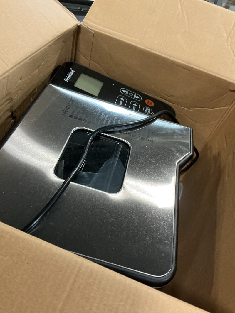 Condition photo showing As Is for briskind bread maker machine with ceramic nonstick pan, 19 menus, 2 pound stainless steel breadmaker with glass touch panel, gluten free, sourdough starter, custom setting, 3 loaf sizes & crust colors stainless steel & glass touch panel 19 settings, 3 loaf size, 3 crust color