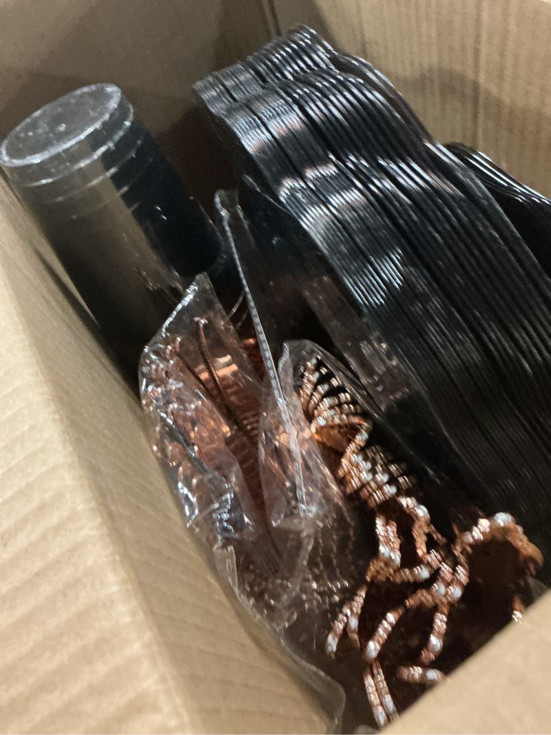Condition photo showing As Is for bucla 30guests clear black plastic plates with rose gold silverware & cups - rose gold rim plastic dinnerware ideal for party & valentines clear black&rose gold