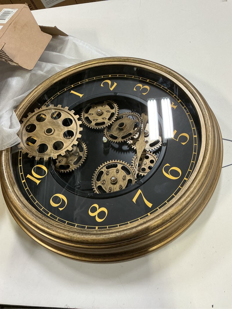 Condition photo showing As Is for lily's home 15" moving gears wall clock, large modern clocks for living room decor, industrial steampunk vintage decorative wall clock for home, office - intricate gear design, bold numbers (silver)