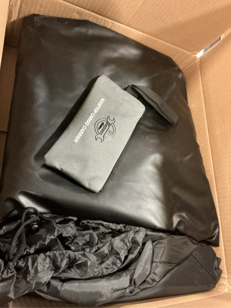 Condition photo showing As Is for Sailnovo Rooftop Cargo Carrier Car Roof Bag 21 Cubic,Waterproof Cargo Roof Bag for Most Vehicles with/Without Roof Rack with Strap, Anti-Slip Mat,6 Door Hooks(Classic Gray-Black)