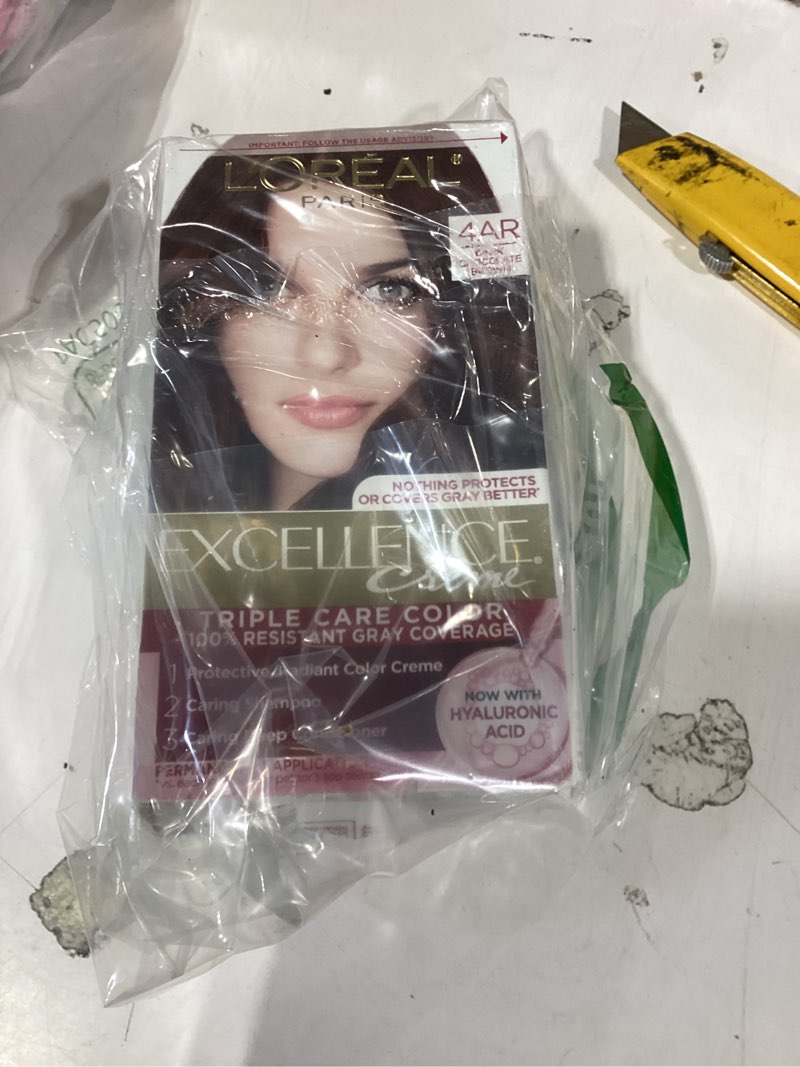 Condition photo showing New/Like New for l'oreal paris excellence crème permanent hair dye, triple care hair color with hyaluronic acid for 100% gray coverage, 4ar dark chocolate brown, 1 kit (packaging may vary) 1 count (pack of 1) 4ar dark chocolate brown