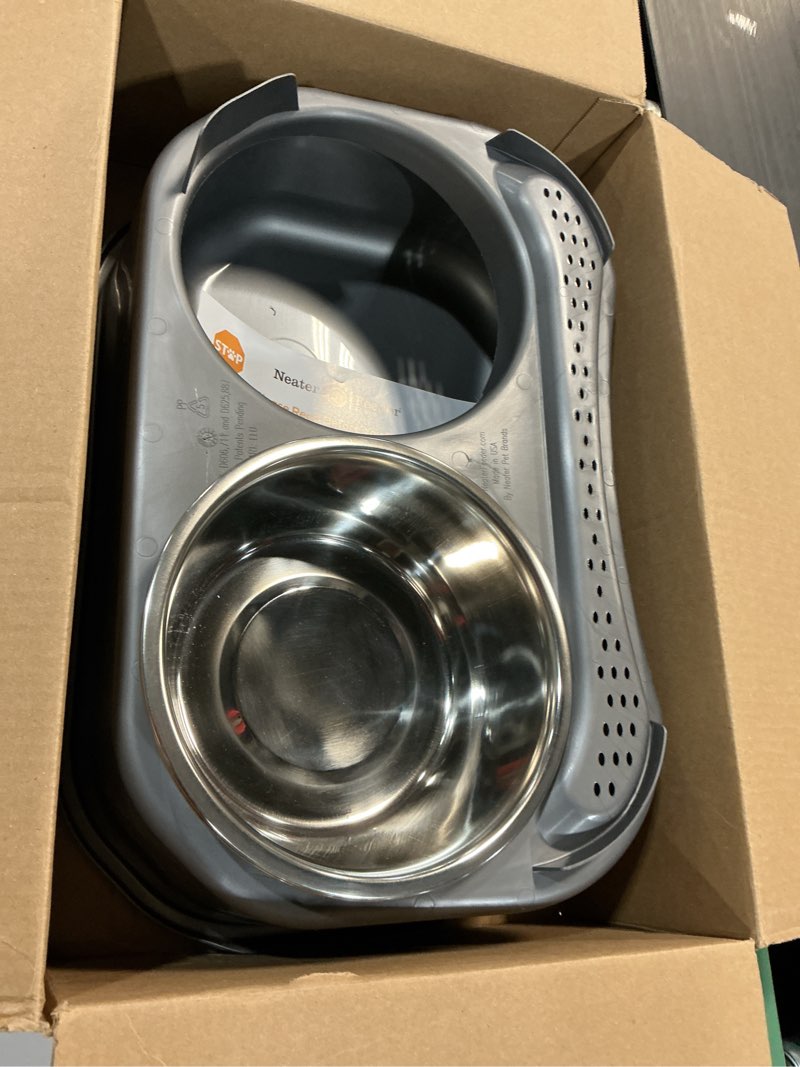 Condition photo showing As Is for Neater Feeder Express Mess Proof Dog Bowls Elevated for Medium to Large Sized Breed, No Spill Raised Dog Food Bowl Stand, Stainless Steel Food and Water Bowl Set, Pet Dish Feeding Station, Grey Medium to Large Gunmetal Grey