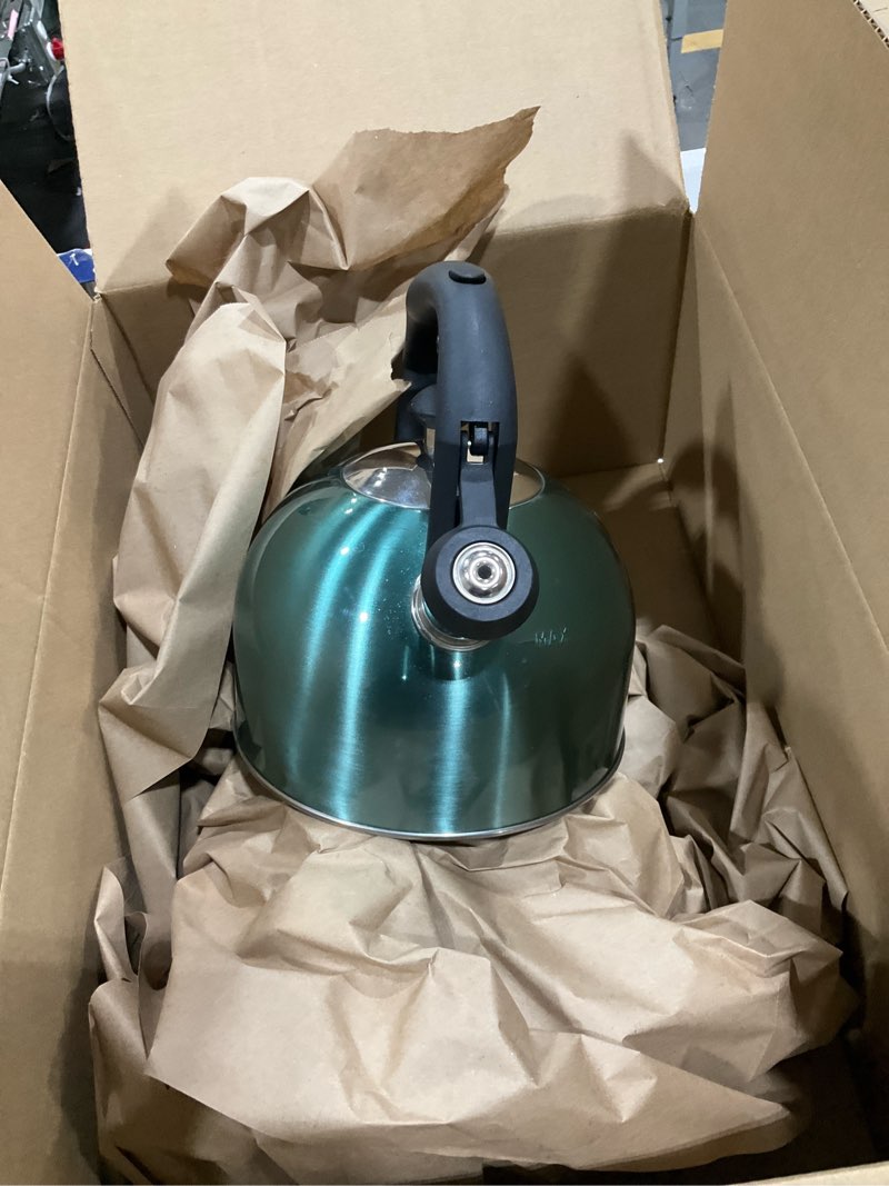 Condition photo showing Good Condition for Amazon Basics Stainless Steel Whistling Tea Kettle, Fast Boiling for Tea and Coffee, Food Grade, Ergonomic Handle, 2.3 Liter, Teal 2.3 Liters