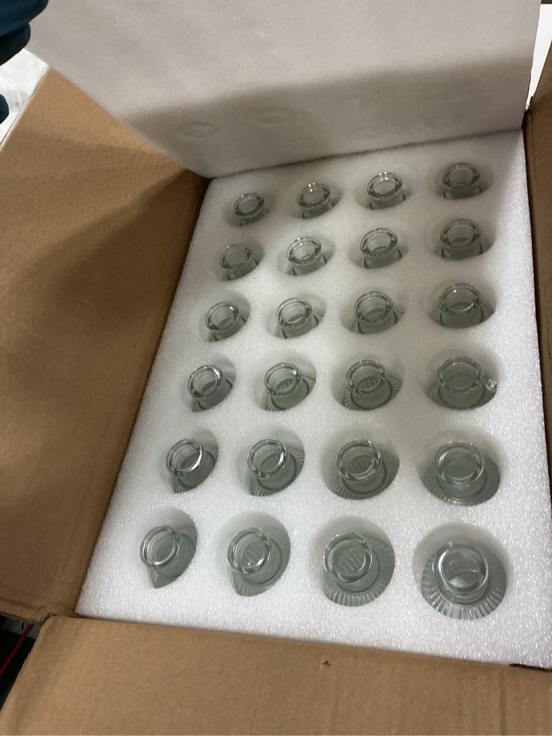 Condition photo showing New/Like New for glass bud vases set of 24, small flower vase in bulk, clear mini ribbed vases for centerpieces, modern wedding reception table decorations