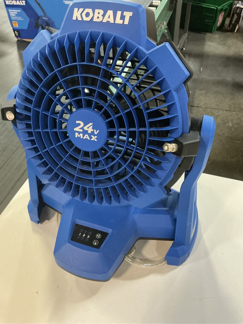 Condition photo showing As Is for kobalt 7-in high velocity indoor/outdoor misting jobsite fan, battery powered, in blue