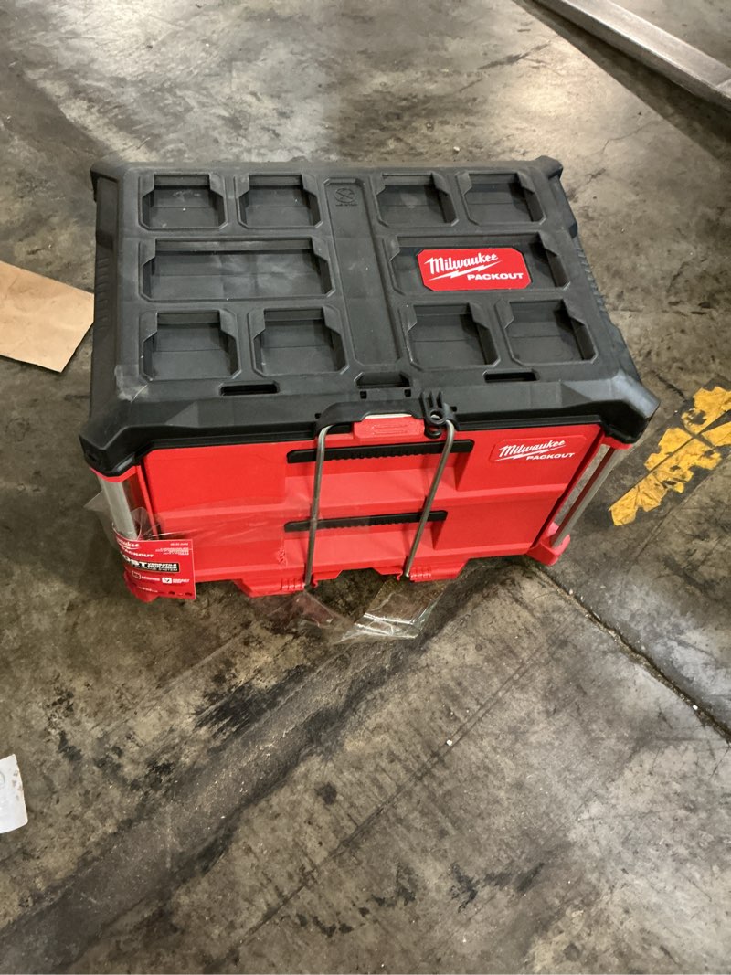 Condition photo showing As Is for milwaukee packout 22 in. modular 2-drawer tool box black/red