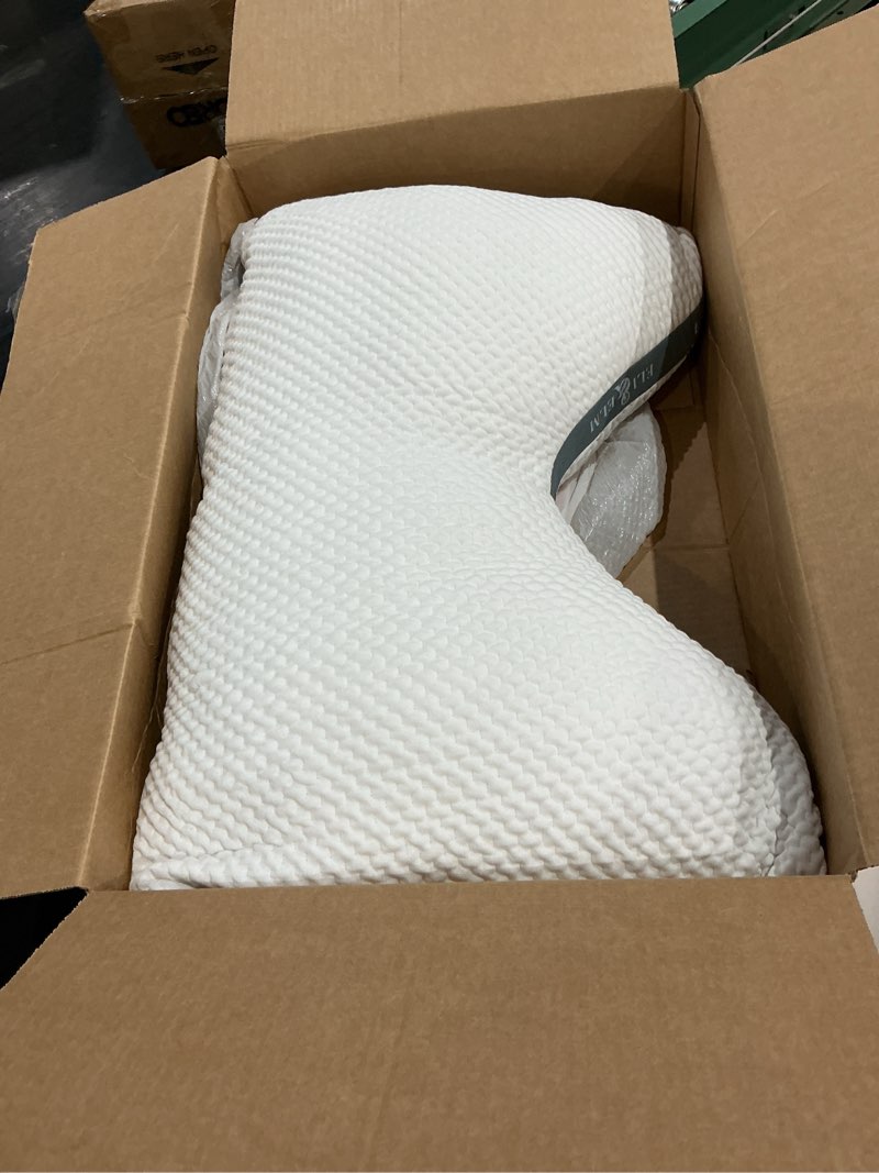 Condition photo showing As Is for eli & elm | best ergonomic side sleeper pillow for neck pain. supportive cooling latex fill with luxury breathable cover. u-shape contoured design. queen size bed pillow - 17" x 29" queen (u.s. standard) pillow only
