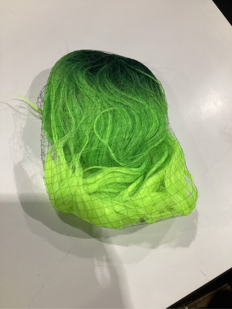 Condition photo showing Good Condition for BERON 14 Inches Neon Green Wig with Bangs Short Curly Lemon Green Wigs with Dark Root for Women Daily Party Hairnet Include Dark Root Ombre Green