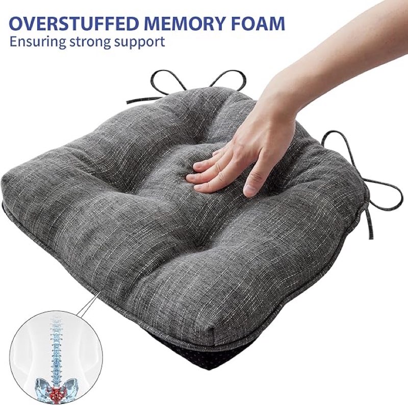 ipynbap chair cushions for dining chairs set of 4 , kitchen chair cushions, chair pads with ties and non slip backing, tufted memory foam seat cushion 4 pack, 15.5\\\" x 15.5\\\" x 4\\\", dark gray