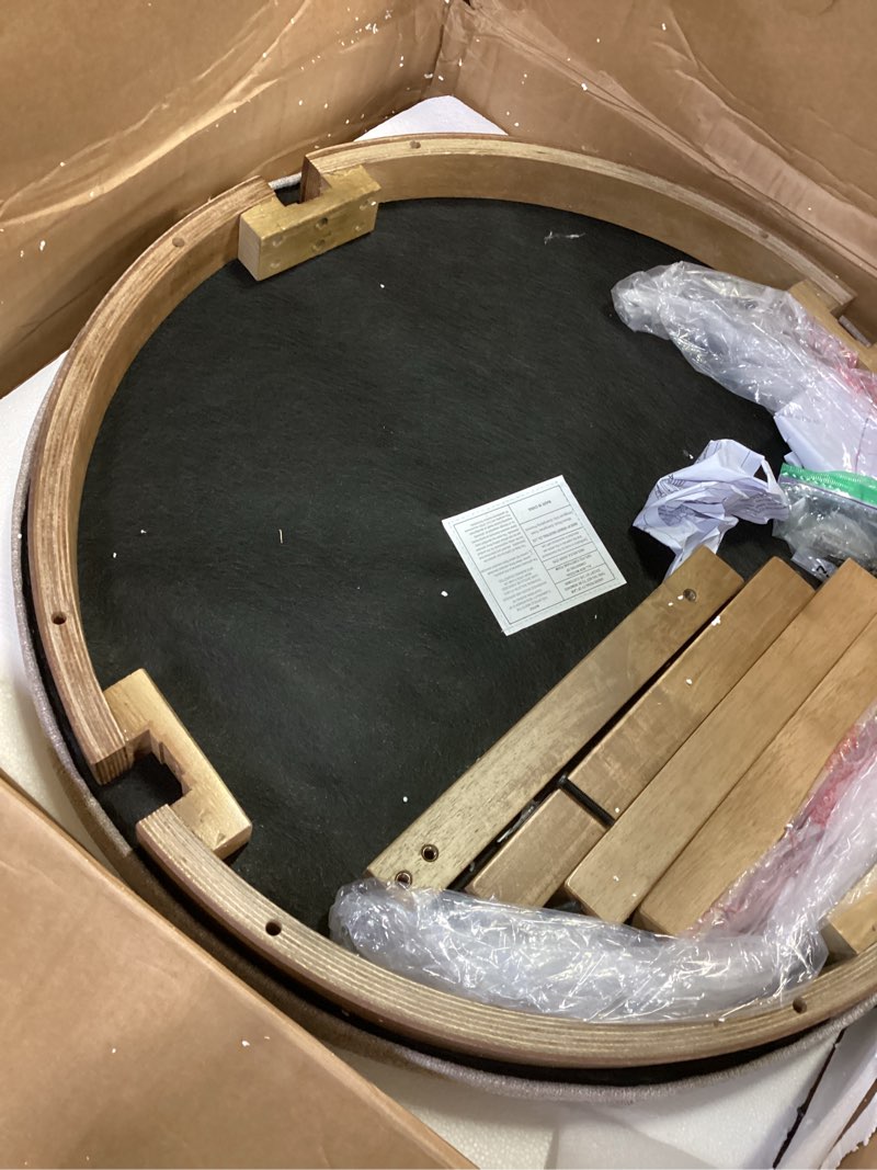 Condition photo showing As Is for 24kf large round upholstered tufted linen ottoman coffee table, large footrest ottoman with wood shelf storage-iinen 32"d x 32"w x 18.5"h linen round ottoman