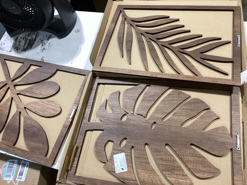 Condition photo showing As Is for qmmp modern wooden wall sculptures - set of 3 - home decor accent - large wall art for living room, bedroom, office - easy installation (walnut, large - tree leaves) walnut unframed large - tree leaves