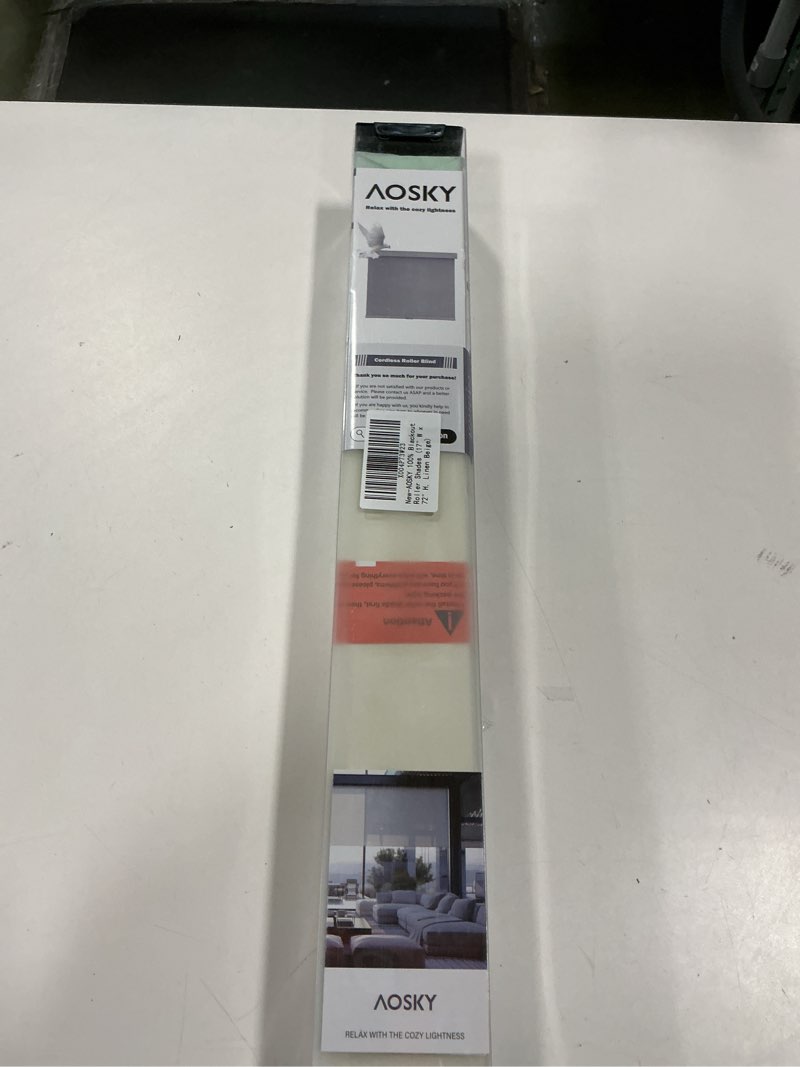 Condition photo showing New/Like New for AOSKY Cordless Roller Shades Blackout Blinds for Windows Room Darkening Rolled Up Shades with Spring System, UV Protection Window Shades Door Blinds for Home and Office (23" W x 72" H, White) 23"W x 72"H White