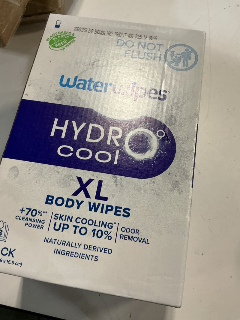 Condition photo showing New/Like New for Exp /AGUST /2027)WaterWipes HydroCool Cooling Wipes, XL Body Cleaning Wipe, Stay Fresh & Cool On-the-Go Instant Skin Cooling, Odor & Sweat Removal, Ideal for Gym, Travel & Outdoor Use, 108 Count (6 Pack)