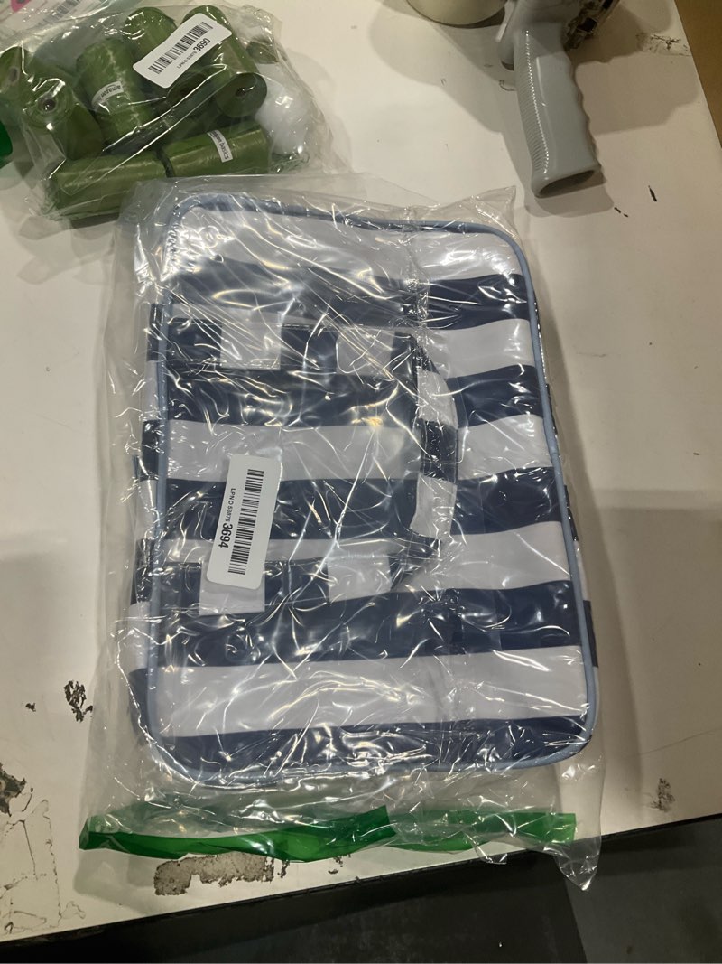 Condition photo showing New/Like New for travel toiletry bag for women, waterproof clear coated portable stripe makeup cosmetic bag with compartment, travel organizer for shampoo, conditioner, brushes set,cosmetic accessories(white-navy)