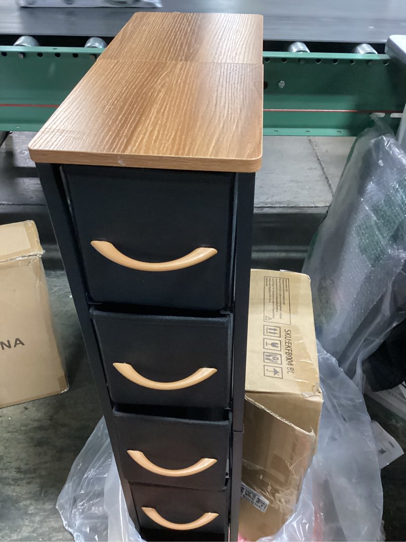 Condition photo showing As Is for Narrow Dresser Storage Tower with 5 Drawers, Slim Dresser Chest of Drawers with Steel Frame, Wood Top, Dresser for Bedroom, Bathroom, Small Spaces, Laundry, Closet, Black 18.9"D x 7.9"W x 36.4"H (5 Drawers) Black