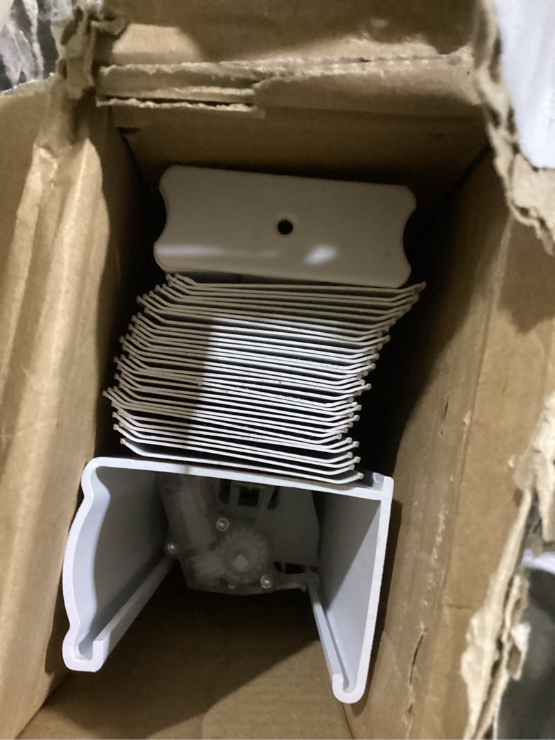 Condition photo showing As Is for project source premium 2-in slat width 32-in x 64-in cordless white vinyl room darkening horizontal blinds