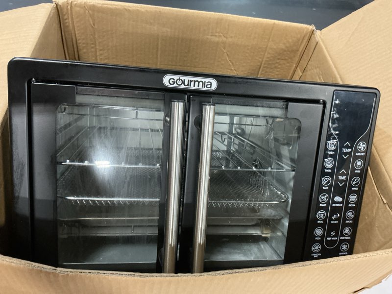 Condition photo showing As Is for Gourmia French Door Air Fryer – 25 Qt Large Capacity Convection Oven, Fryforce 360°, Digital Display with 17 Cooking Presets, Bake, Toast, Roast, Dehydrate, Fits 12” Pizza