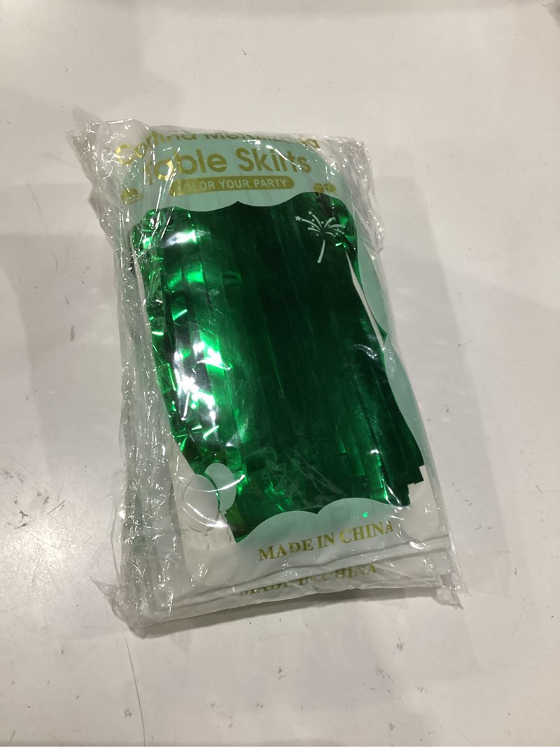 Condition photo showing New/Like New for 6 pack 29x108 inch green metallic foil fringe table skirts banner for tinsel streamer garland curtains backdrop for parade floats wedding baby shower birthday christmas halloween party decoration