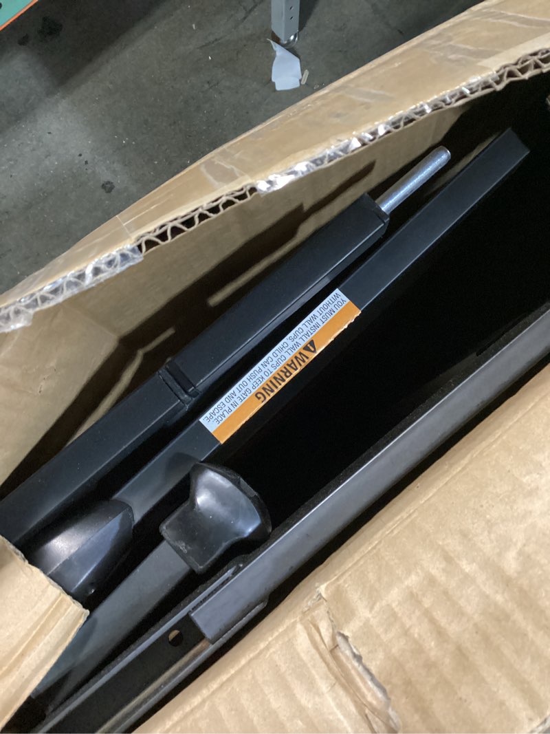 Condition photo showing As Is for Regalo Safety 41” Extra Wide Baby Gate for Doorways & Bottom of Stairs, Pressure Mounted Wood Accent Gate with Door, Tested & Safe for 30 Years, American Designed, American Owned Black Wooden - 30-41.5"w X 30"h