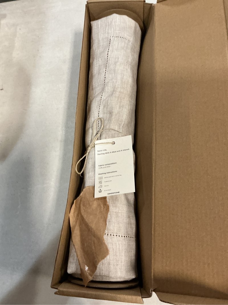 Condition photo showing Good Condition for kingstone 100% pure french linen table runner 108 inches long, natural hemstitch tablecloth with mitered corners, crease-free scroll packaging, 14x108 for easter, mother's day, farmhouse decor nature 14"x108"