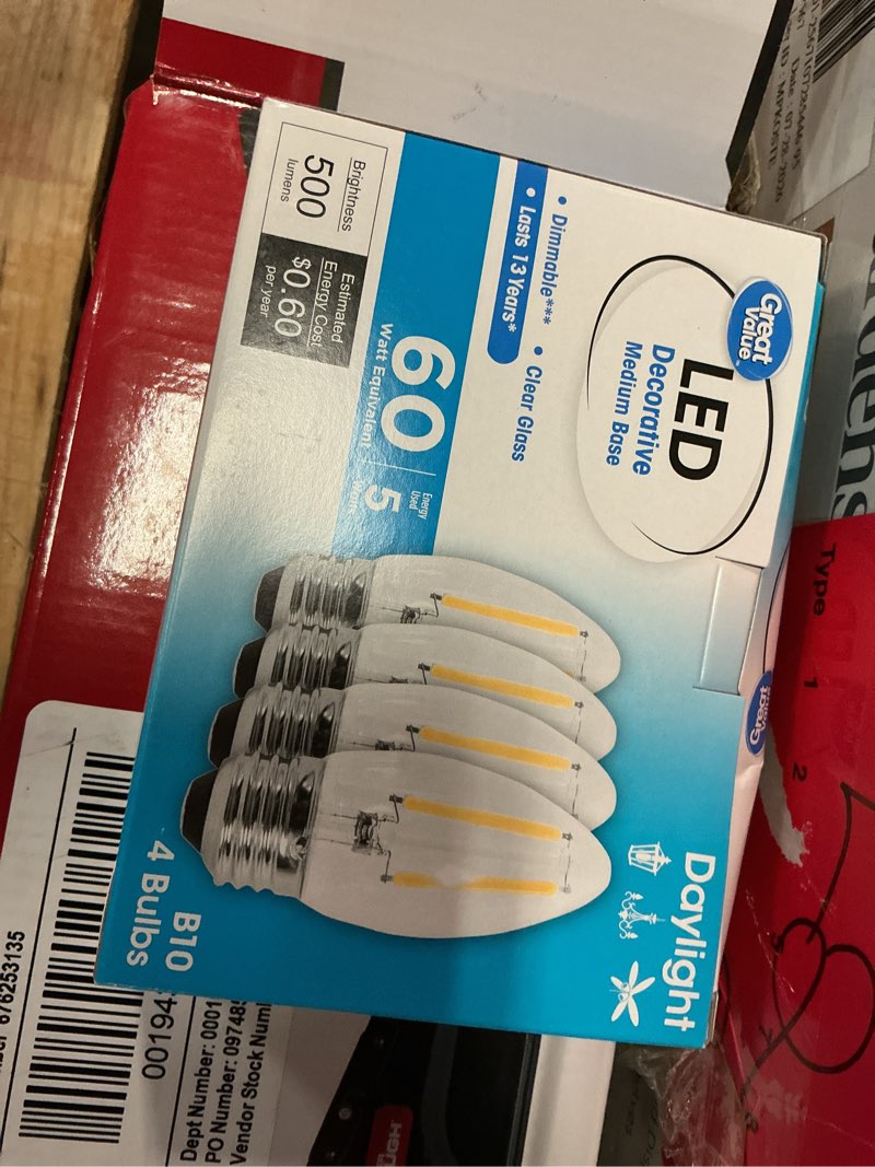 Condition photo showing Good Condition for  great value led light bulb, 4w (60w equivalent) b10 deco lamp e26 medium base, dimmable, daylight, 4-pack