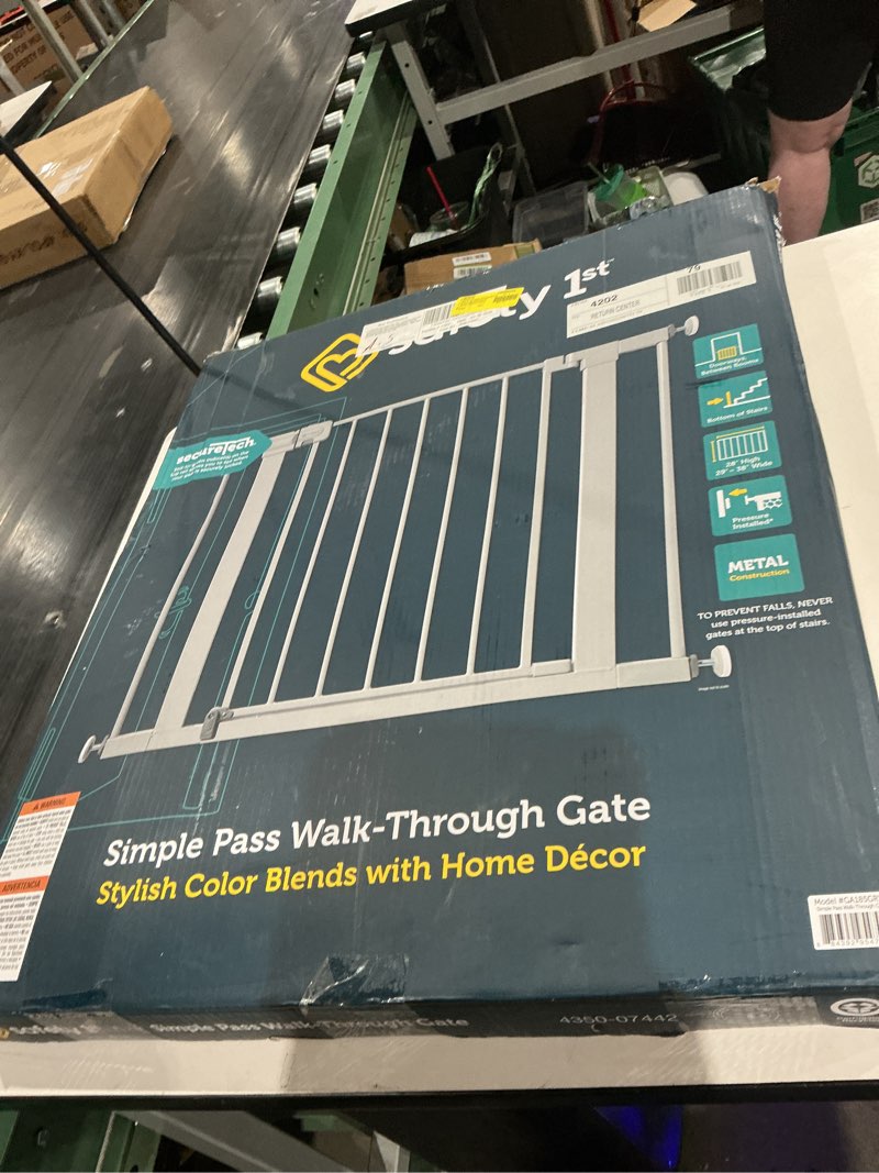 Condition photo showing As Is for safety 1st simple pass walk-through gate, grey