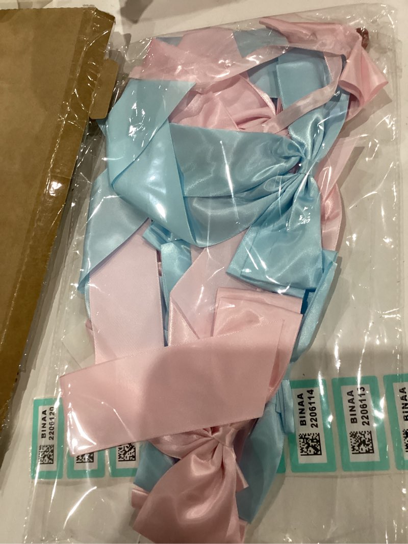 Condition photo showing Good Condition for 1-String Pink & Blue Bow Garland Banner, 8 Pre-Strung Double-Loop Satin Ribbon Bows, Valentines Day Decor for Baby Shower Bridal, Birthday & Wedding Party, Reusable Girls Coquette Room Wall Decor Baby Pink & Baby Blue