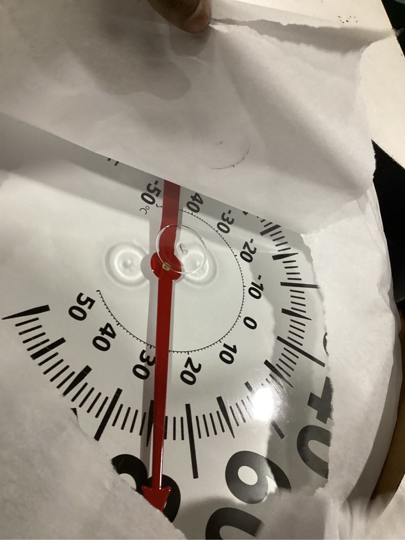 Condition photo showing New/Like New for taylor extra large metal wall indoor outdoor thermometer, easy to read numbers for patio, pool, and indoor areas, 18 inch, white