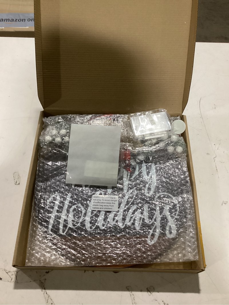 Condition photo showing Good Condition for Distaratie Happy Holidays Door Wreath Sign Christmas Decorations Buffalo Plaid Natural Wood LED Light Xmas Hanging Decor for Front Door Window Rustic Farmhouse Indoor Outdoor, Grain Black,12 Inches