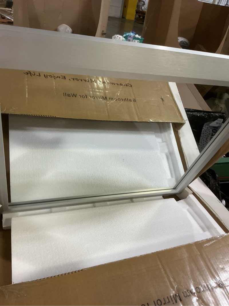 Condition photo showing Good Condition for smiror brushed silver bathroom mirror for over sink, 20”x 24” metal thick framed rectangle vanity mirror for wall, right angle corner, anti-rust, horizontally or vertically mounted silver 24"l x 20"w