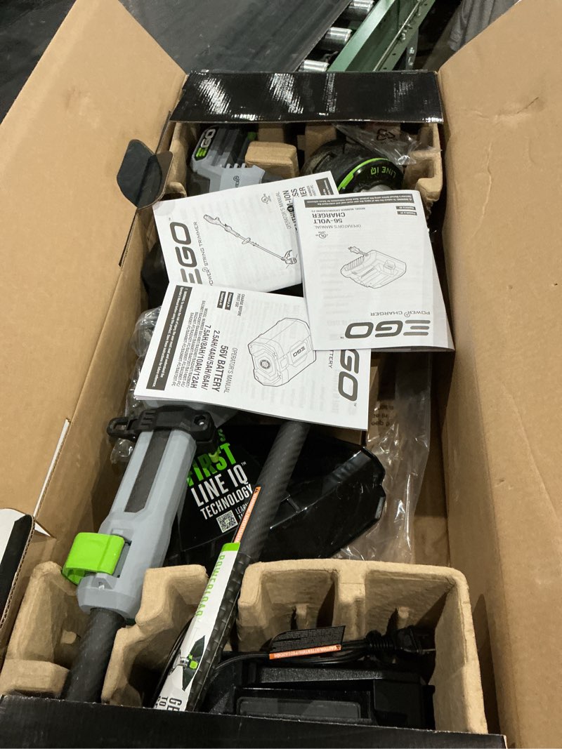 Condition photo showing As Is for ego power+ line iq with powerload st1623t 16 in. 56 v battery string trimmer kit (battery & charger) w/ telescopic shaft & 4.0 ah battery