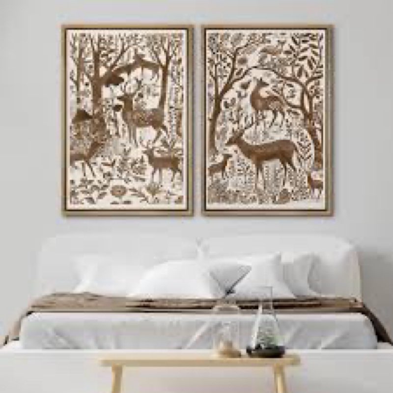 Watercolor Brown Deer In the Forest Animal Botanical Rustic Wall Art Framed 2 Pieces Canvas Print INCOMPLETE 