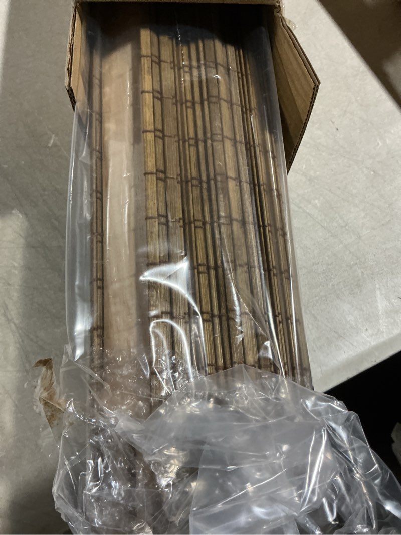 Condition photo showing Good Condition for lazblinds cordless bamboo roman shades, privacy blinds for interior windows, room darkening roll up bamboo blinds for home & patio, 28.5" w x 64" h, highfield teak pricacy - highfield teak 28 1/2" w x 64" h