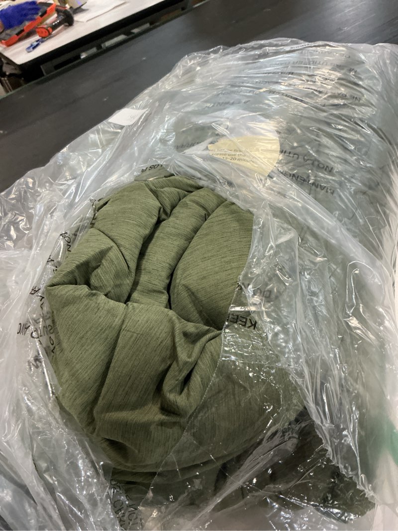 Condition photo showing As Is for monbix queen comforter set - 7 pieces cationic dyeing olive green bed in a bag queen bedding sets with comforter, sheets, pillowcases & shams, reversible bedding comforters sets olive green queen