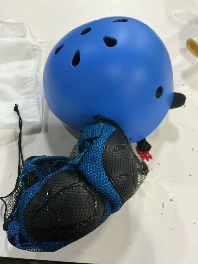 Condition photo showing Good Condition for (size:m)adjustable kids helmet with knee pad, elbow pads & wrist guards - toddler bike helmets for ages 3-5, 5-8, 8-14 years - perfect for skating, biking, cycling, and skateboard - for boys and girls blue medium( 8-14 years )