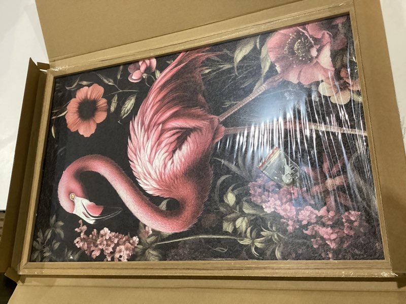 Condition photo showing Good Condition for framed 3d textured wall art, hand drawn sandstone flamingos wall decor paintings, vintage animal floral botanical aesthetic picture, pink academia decor for living room bathroom home 16x24 inch pink flamingo framed 24"l x 16"w