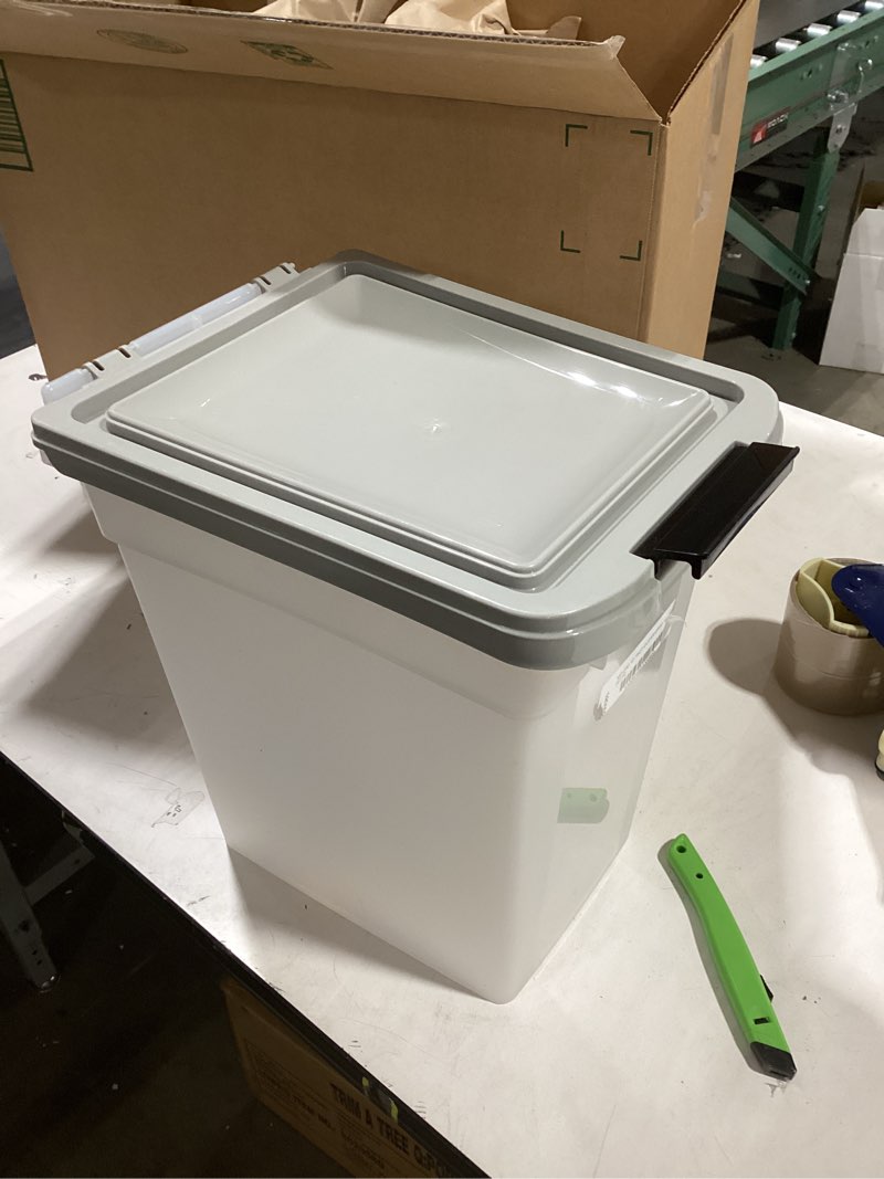 Condition photo showing Good Condition for IRIS USA Airtight Dog Food Storage Container, WeatherPro, Up to 10 lbs, Removable Wheels, for Dog Cat Bird and Other Pet Food Storage Bin, Keep Fresh, Translucent Body, Made in USA, Clear/Gray