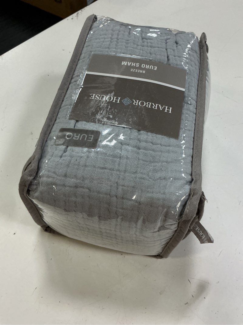 Condition photo showing Good Condition for harbor house cotton muslin euro sham blue, crinkled texture with embroidered tacking, breathable and soft, oeko-tex certified, machine washable, matching quilt set available 26x26" blue