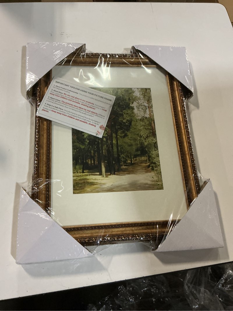 Condition photo showing New/Like New for 12x16 Gold Picture Frame, 1 Pack Ornate Vintage Picture Frames for Wall or Tabletop Display, 12x16 Photo Frame Gold with Real Glass, Display Poster 8.5x11 with Mat or 12 x 16 without Mat for Antique Déco Antique Bronze Vintage Picture Frame 12x16