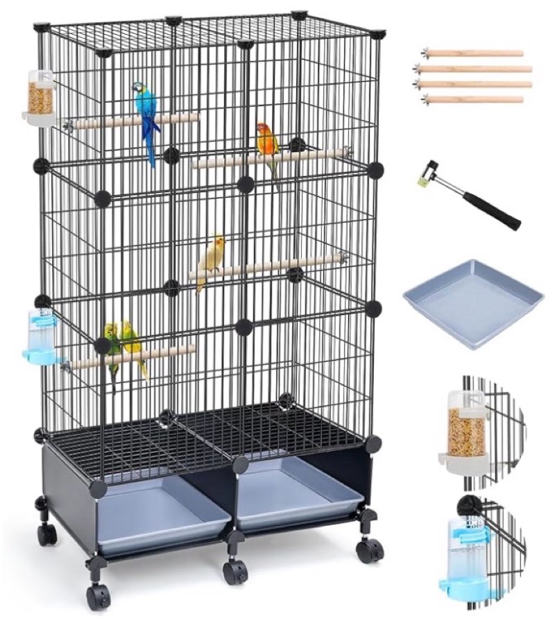 46-inch bird cage, with wooden perches, metal parakeet cage with slide-out tray, water bottle & feeder, bird cages for parrot, parakeets, cockatiel, lovebird, pigeon and small mid-sized birds