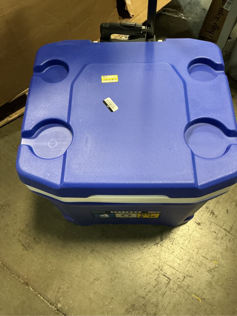 Condition photo showing As Is for igloo latitude 60qt rolling cooler - blue: wheels, retractable handle, one-hand opening