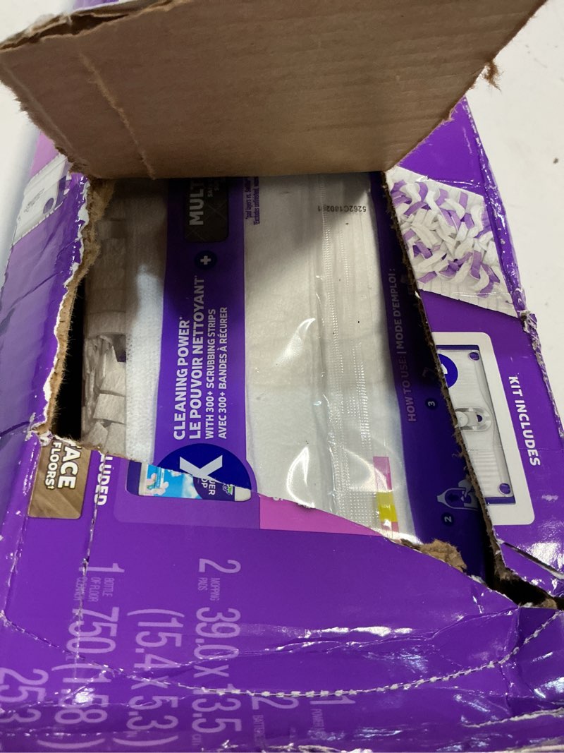 Condition photo showing As Is for swiffer powermop multi-surface mop kit for floor cleaning, fresh scent, mopping kit includes powermop, 2 mopping pad refills, 1 floor cleaning solution with fresh scent and 2 batteries purple and white