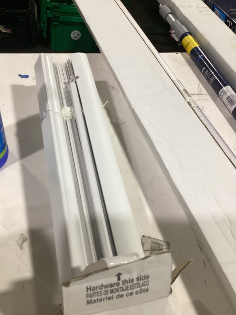 Condition photo showing As Is for project source light filtering 1-in slat width 70-in x 64-in cordless white vinyl light filtering mini-blinds