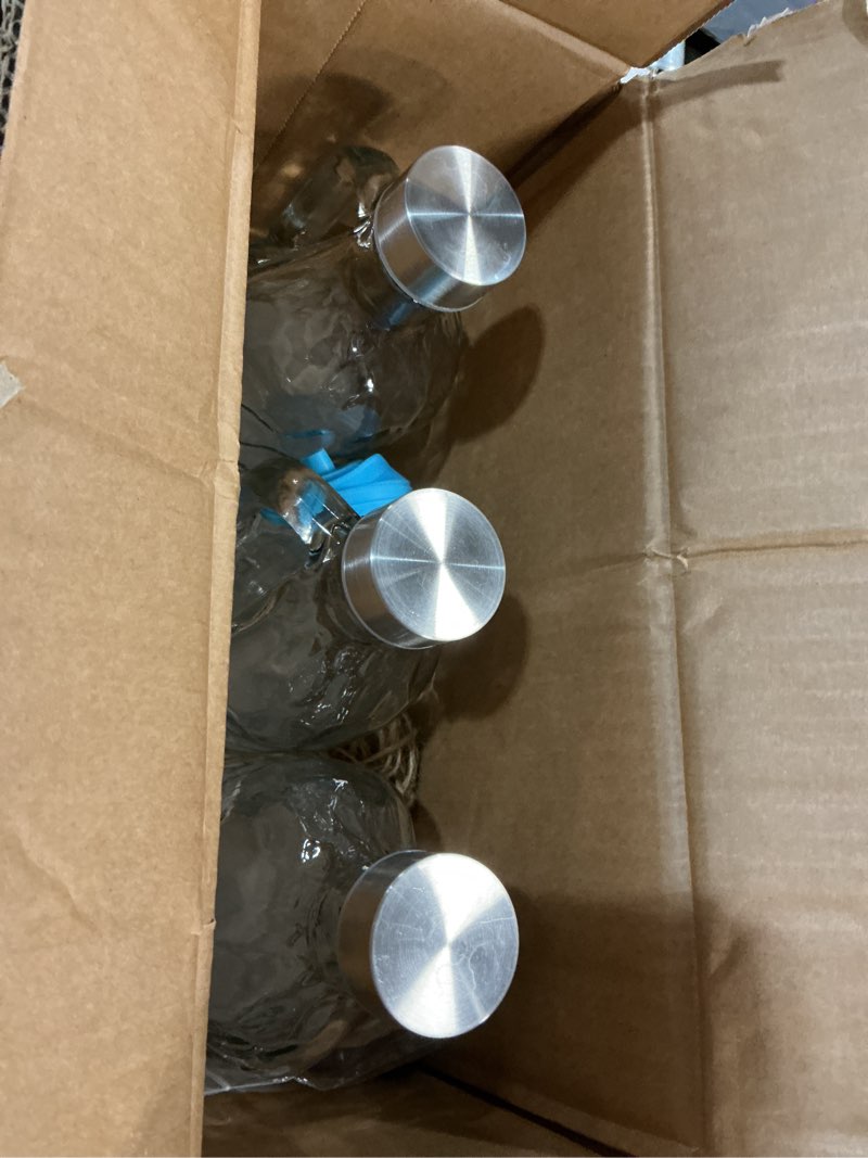 Condition photo showing Good Condition for 3 pack 40 oz clear glass pitchers with lid, leak proof water carafe with handle, funnel and labels, milk jug beverage serveware for iced juice, tea, coffee, syrup, honey