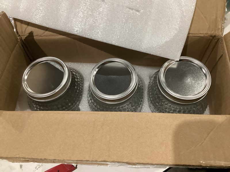 Condition photo showing Good Condition for wellife 3 pack 64 oz half gallon mason jars, wide mouth glass jars with airtight bpa-free lids, raised dot texture large jars for canning, pickling, fermenting & food storage clear dot mason jars 64oz-3pcs