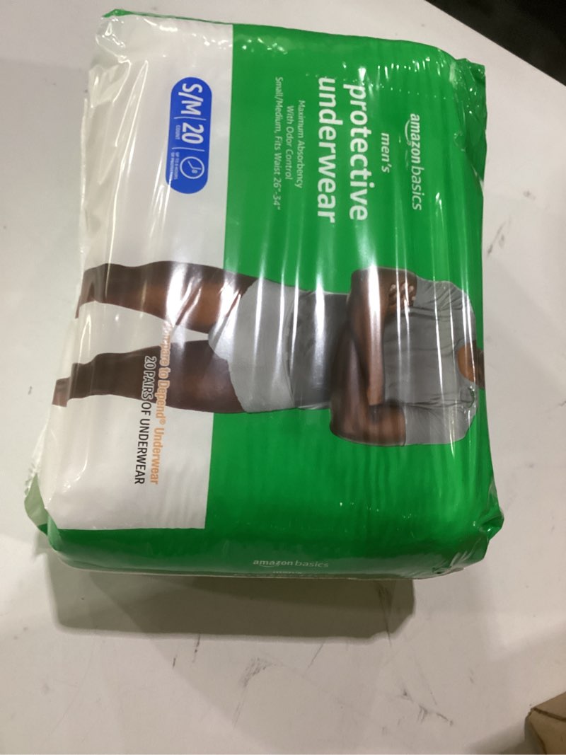 Condition photo showing New/Like New for amazon basics maximum absorbency incontinence underwear for men with leak protection, dri-fit technology, odor control, cotton enhanced, small/medium, 20 count small/medium 20.0