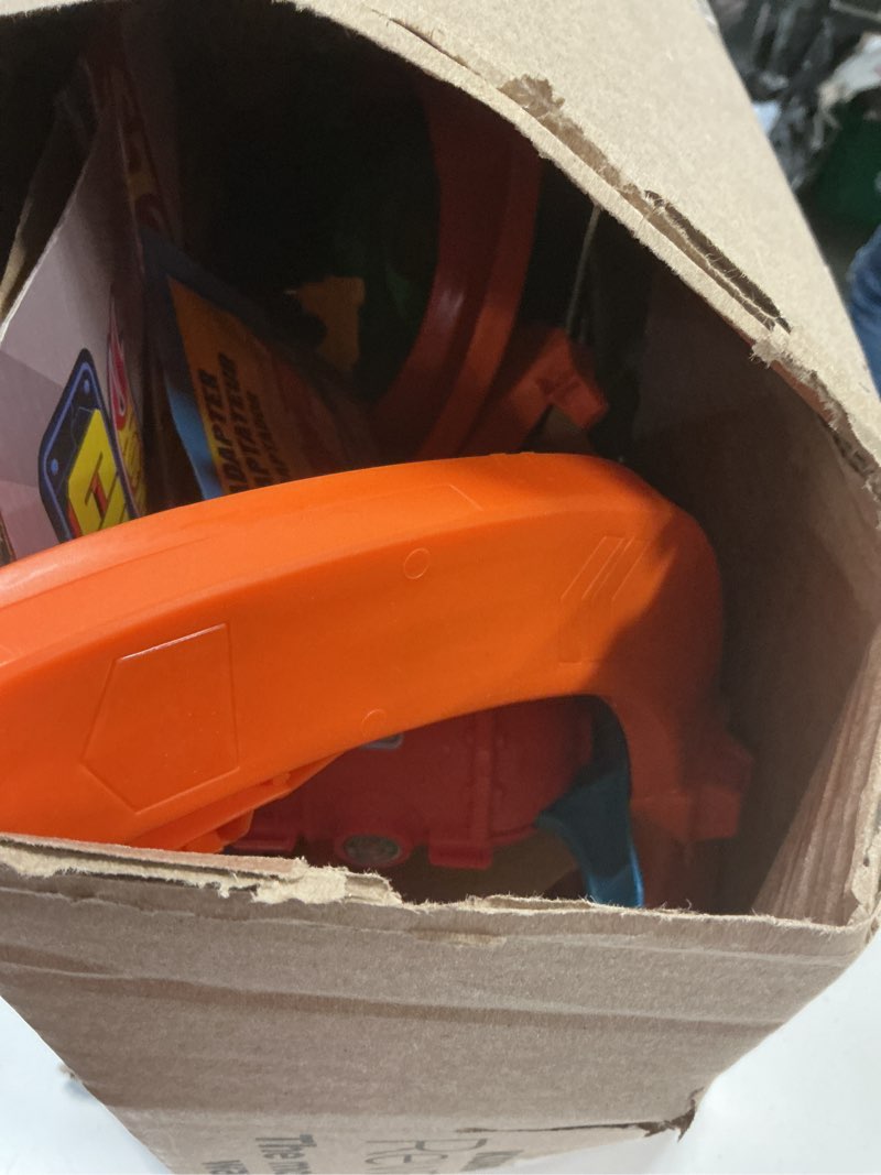 Condition photo showing As Is for hot wheels toy car track set, city t-rex blaze battle playset & 1:64 scale die-cast vehicle, 18” tall, multiple race outcomes, spinning dinosaur eyes