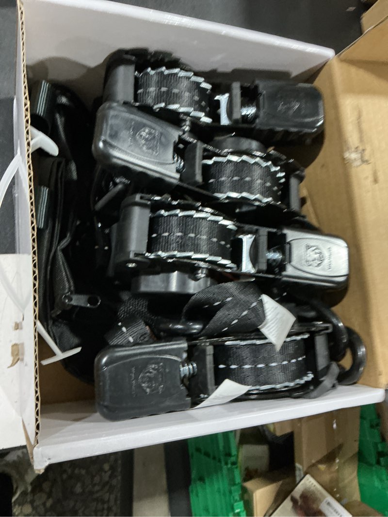 Condition photo showing Good Condition for retractable ratchet straps 1650lb break strength(4 pack), 1" x 13ft heavy duty auto self retracting tie down straps for trucks, motorcycle, cargo trailer, atv, utv - black 1" x 13', black, 4pack