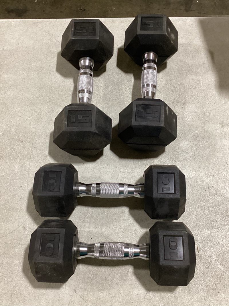 Condition photo showing As Is for cap barbell coated dumbbell weight | multiple options pairs & sets chrome handle 50 lb - set (10 lb x 2 & 15 lb x 2)